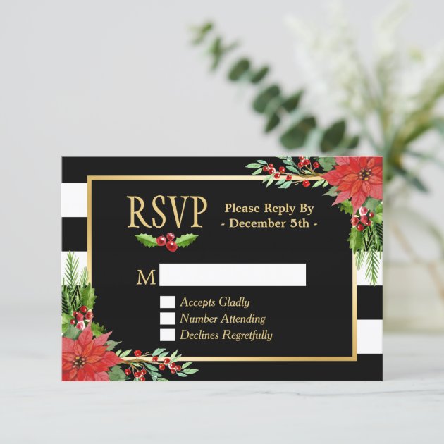 Classy Poinsettia Floral Gold Black White Stripes RSVP Card