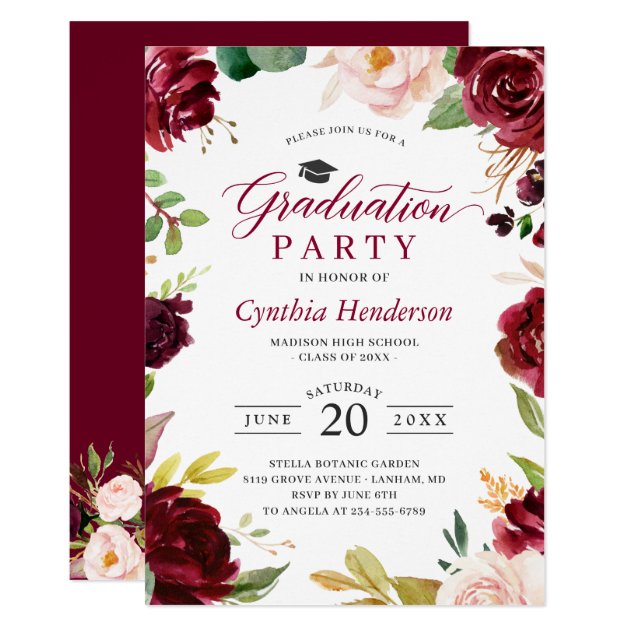 Red Burgundy Floral Class of 2020 Graduation Party Invitation