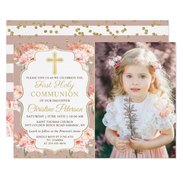 Gold Pastel Rosy Floral Photo First Holy Communion Invitation