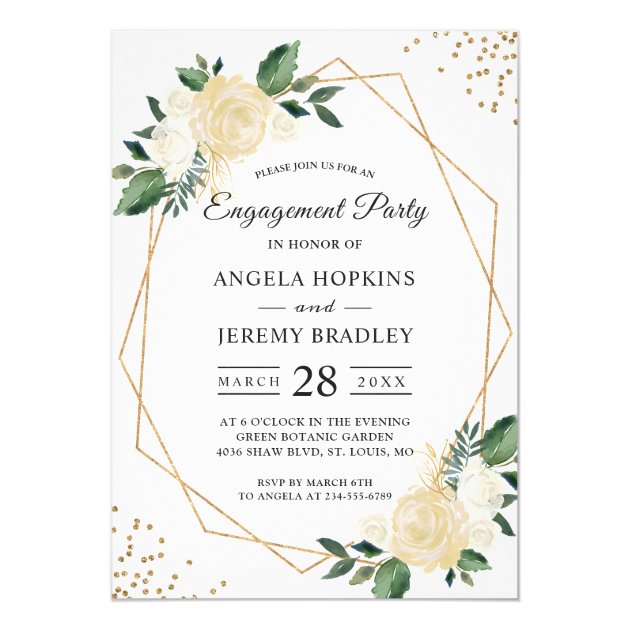 Emerald Green Floral Gold Frame Engagement Party Invitation