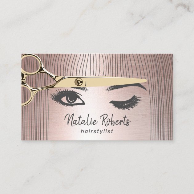 Hair Stylist Gold Scissor & Girl Salon Rose Gold Business Card (front side)
