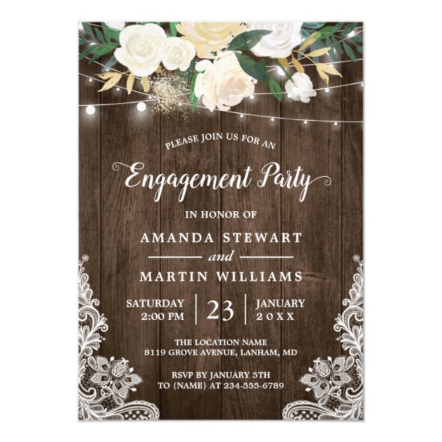 Rustic Charm Floral String Lights Engagement Party Card
