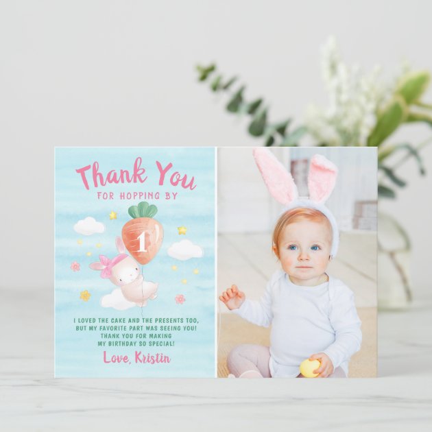 Cute Pink Some Bunny with Carrot Photo Birthday Thank You Card