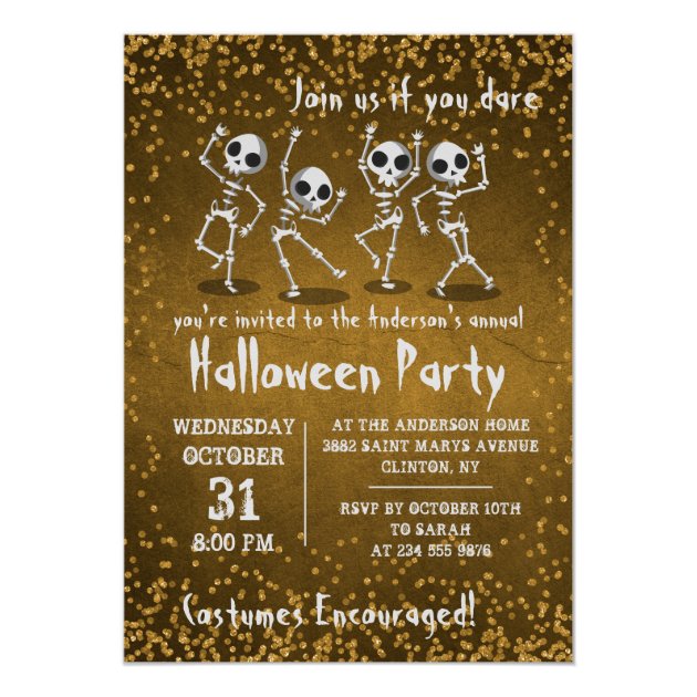 Dancing Skeleton Gold Glitter Halloween Party Invitation