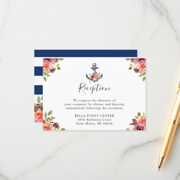 Navy Blue Nautical Anchor Floral Wedding Reception Enclosure Card