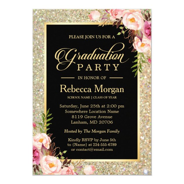 Gold Glitters Floral 2018 Photo Graduation Party Card
