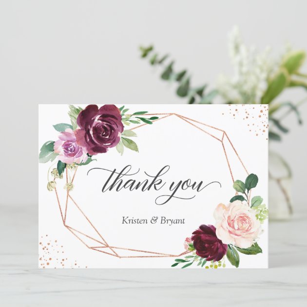 Plum Purple Blush Floral Modern Geometric Wedding Thank You Card