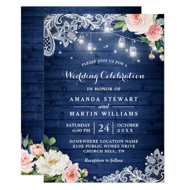 Rustic Blue Wood String Lights Floral Wedding Invitation