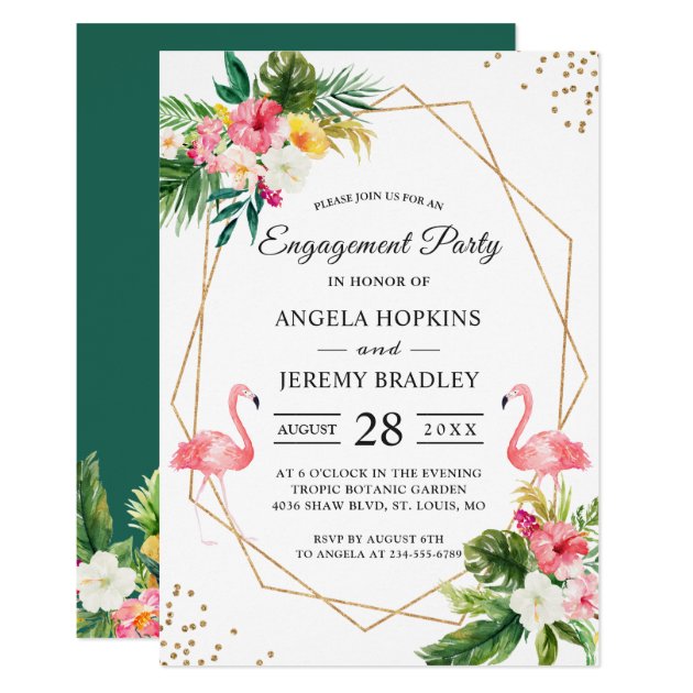 Tropical Floral Leaves Flamingo Engagement Party Card