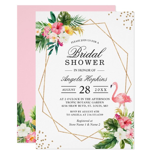 Tropical Floral Gold Frame Flamingo Bridal Shower Card