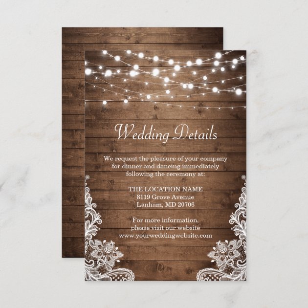 Rustic Wood Twinkle Lights Lace Wedding Details Enclosure Card