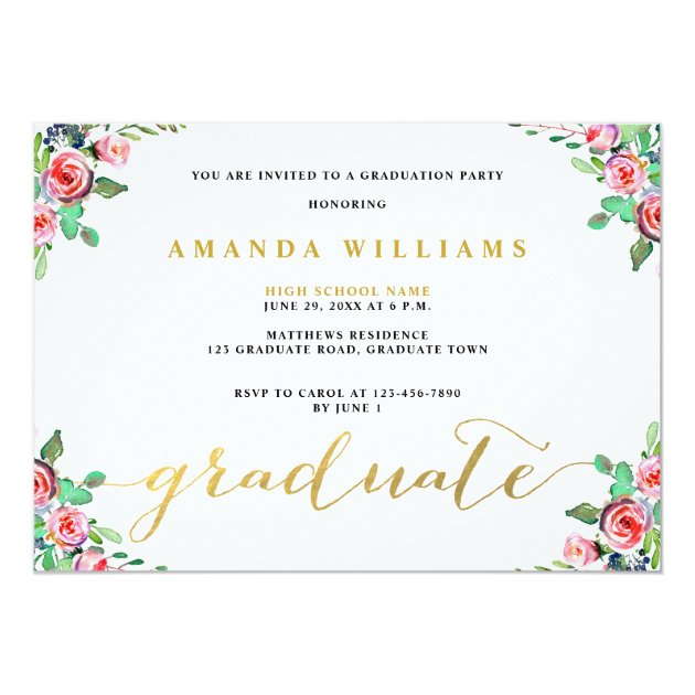 Girly Floral Gold Script Photo Graduation Party Card