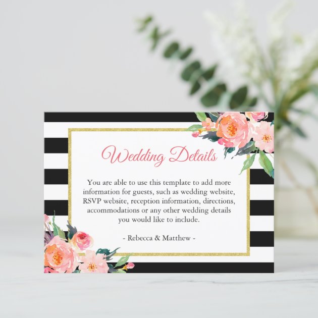 Modern Black White Stripes Floral Wedding Details Enclosure Card