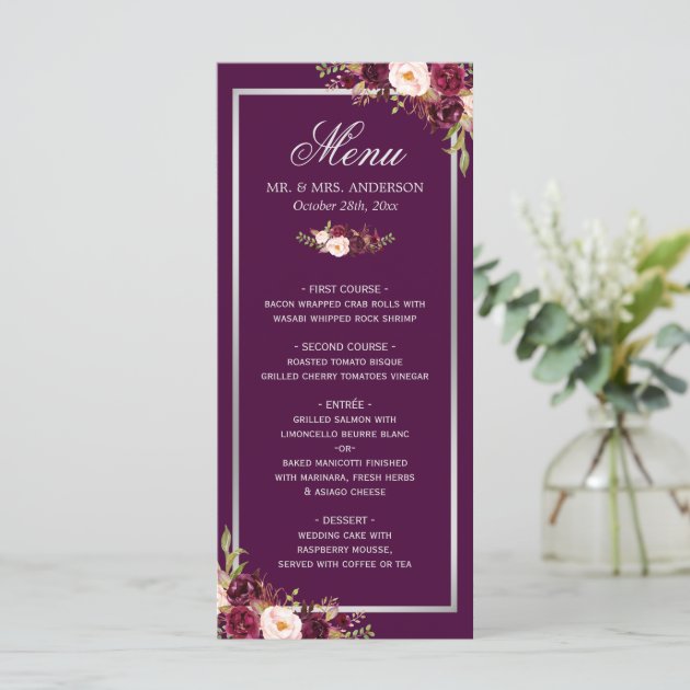 Plum Purple Floral Silver Gray Wedding Menu Card