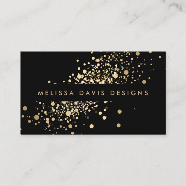 Faux Gold Confetti on Black Modern Business Card (front side)