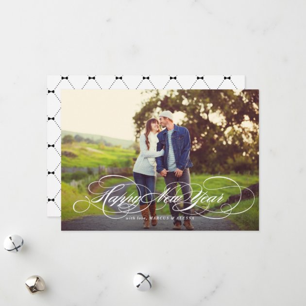 White Formal Script Happy New Year Photo Card