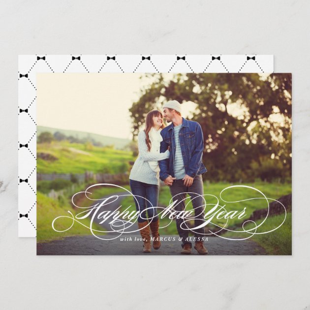 White Formal Script Happy New Year Photo Card