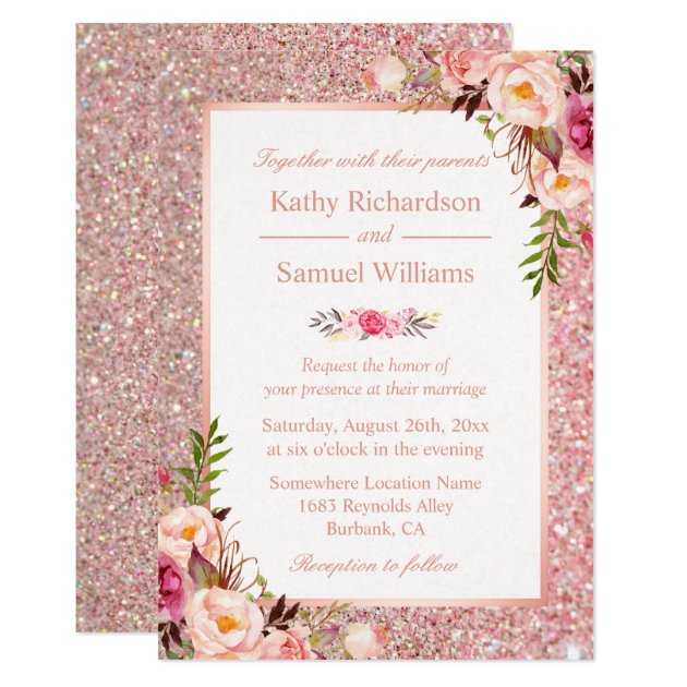 Rose Gold Glitter Pink Floral Wedding Invitation