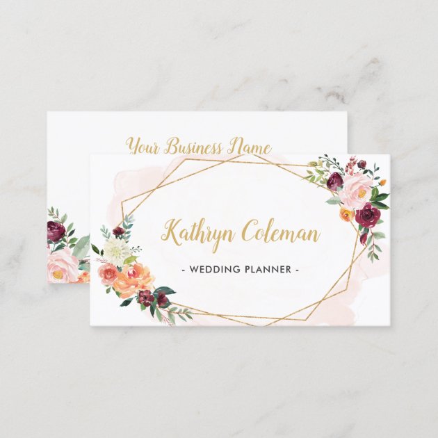 Watercolor Bloom Floral Modern Geometric Frame Business Card (back side)