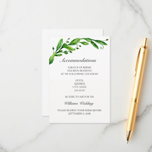 Accommodation Card. Green Wedding Details. Info Enclosure Card