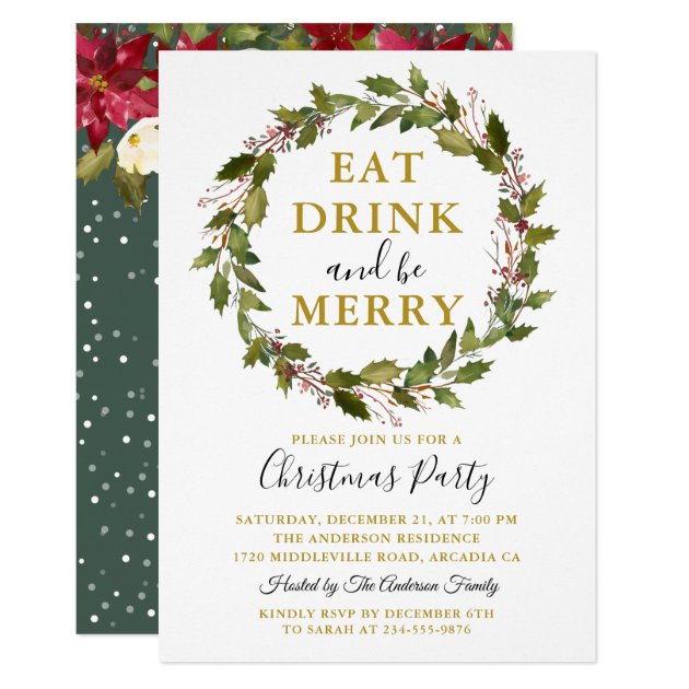 Eat Drink and Be Merry Xmas Floral Christmas Party Invitation