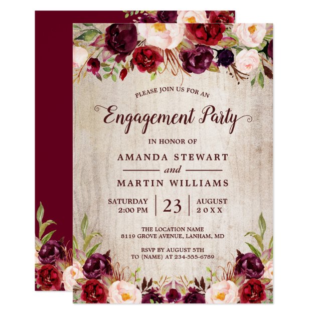 Burgundy Blush Floral Rustic Wood Engagement Party Invitation