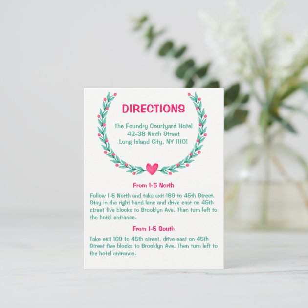 Watercolor Directions Wedding Pink Green Floral Enclosure Card