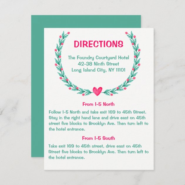 Watercolor Directions Wedding Pink Green Floral Enclosure Card