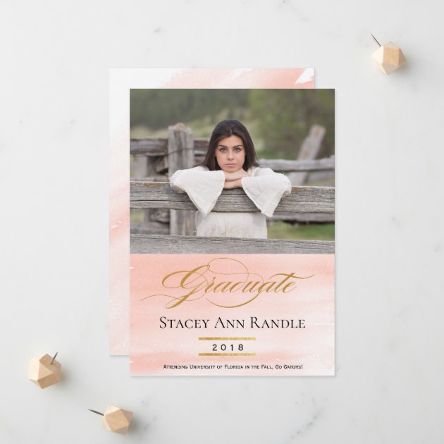 Gold And Pink Watercolor Graduation Announcement