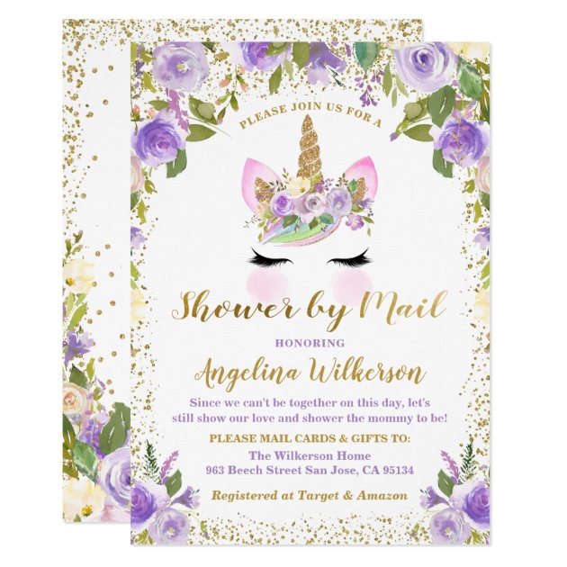Unicorn Baby Shower By Mail Gold Purple Floral Invitation