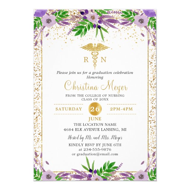 Purple Floral Gold Nursing School Graduation Party Invitation