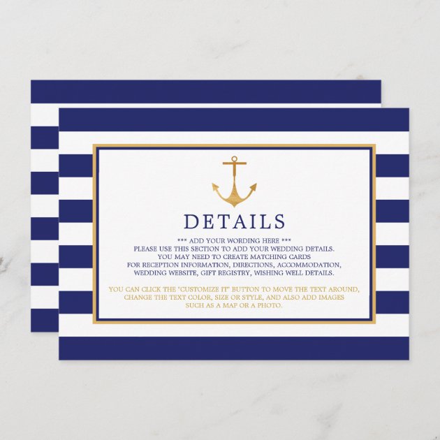 Vintage Nautical Gold Anchor Wedding Detail Enclosure Card