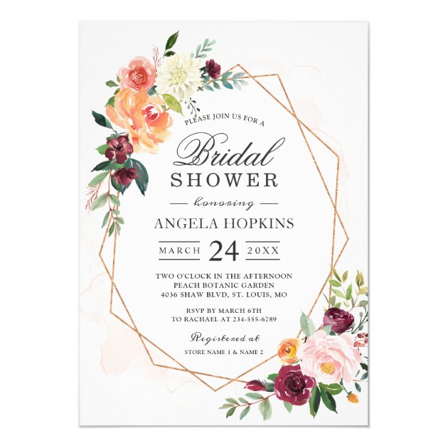 Geometric Blush Watercolor Floral Bridal Shower Invitation