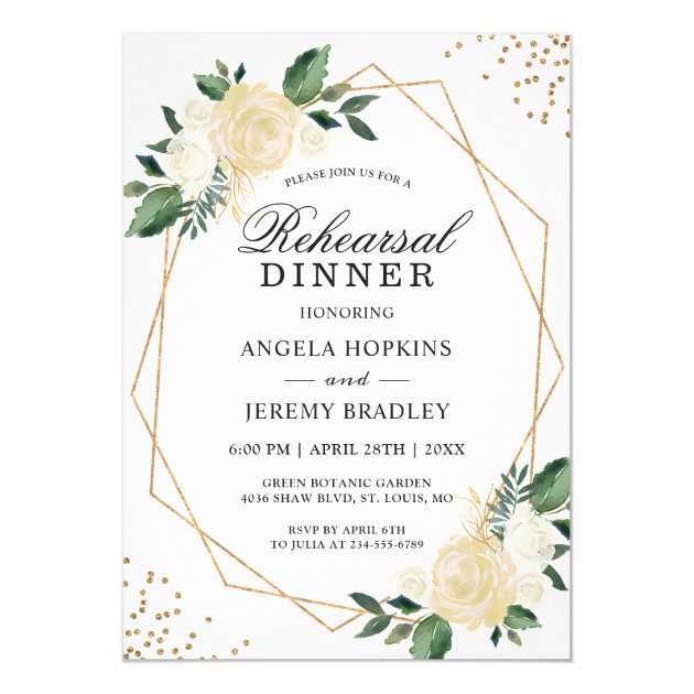 Rehearsal Dinner Gold Glitters Greenery Floral Invitation