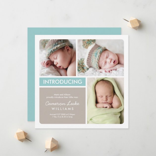 Multi-Photo Birth Announcement Card | Aqua Taupe