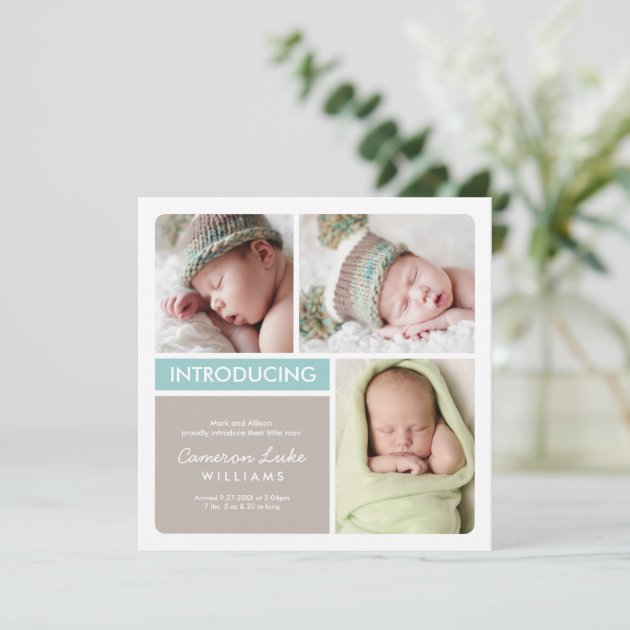 Multi-Photo Birth Announcement Card | Aqua Taupe