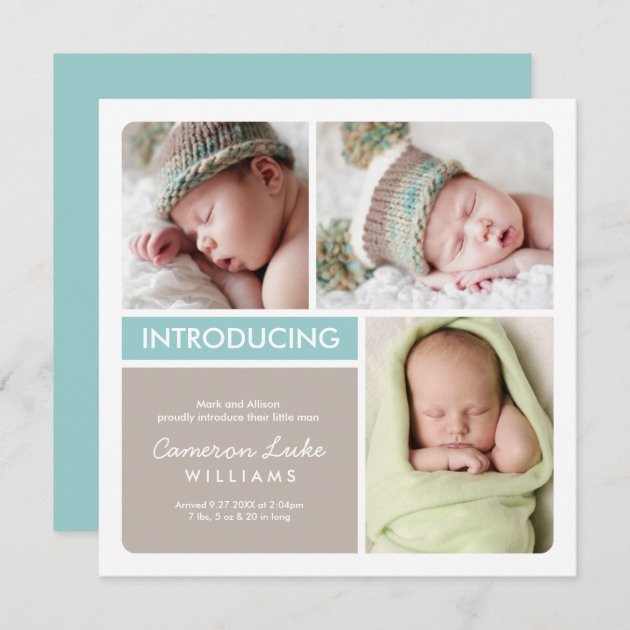 Multi-Photo Birth Announcement Card | Aqua Taupe