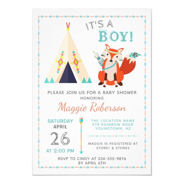 Cute Woodland Fox Boho Teepee Boy Baby Shower Invitation