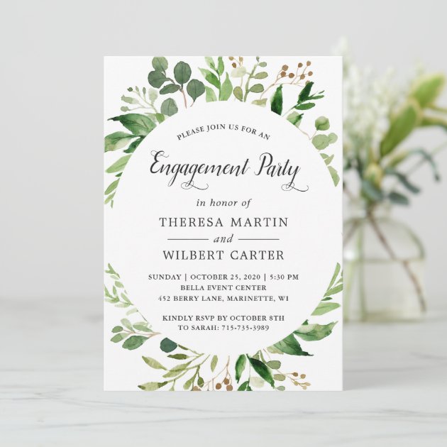 Greenery Leaves Foliage Frame Engagement Party Announcement