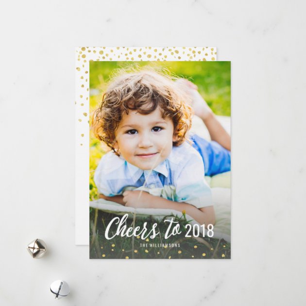 New Year's Cheers To 2018 Gold Confetti Photo Holiday Card