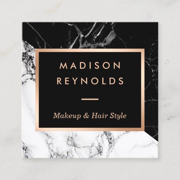 Black White Marble Rose Gold Beauty Salon Square Business Card (front side)