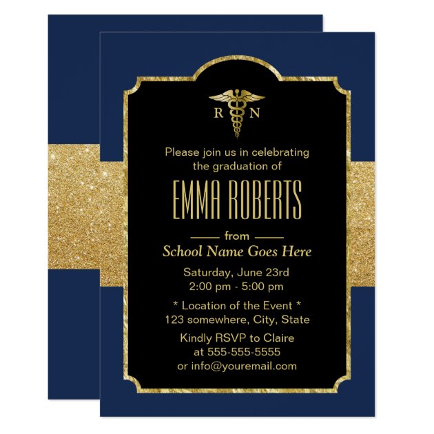 Nursing Graduation Party Elegant Navy Blue & Gold Invitation