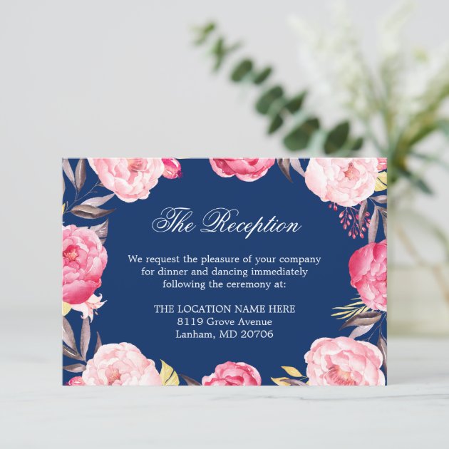 Navy Blue Pink Floral Wedding Details Reception Enclosure Card