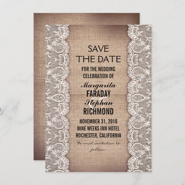 Antique Lace And Rustic Burlap Save The Date Cards