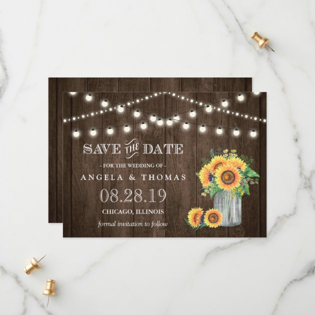 Rustic Wood String Lights Sunflowers Save The Date