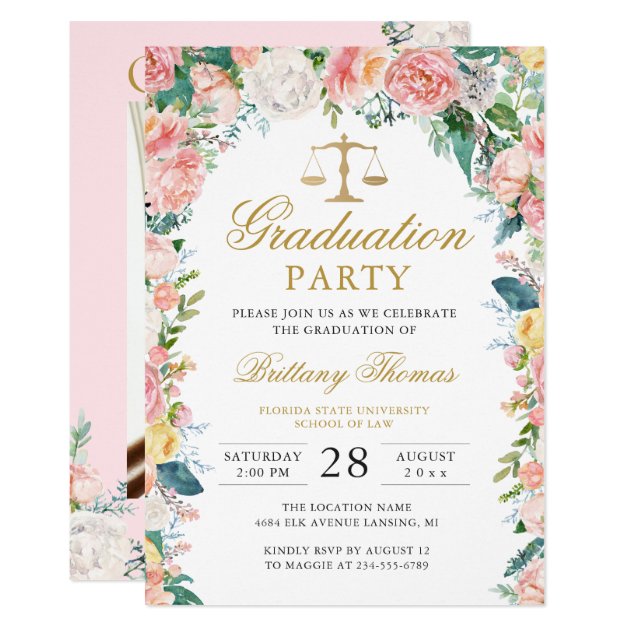 Watercolor Pink Floral Law School Graduation Photo Invitation