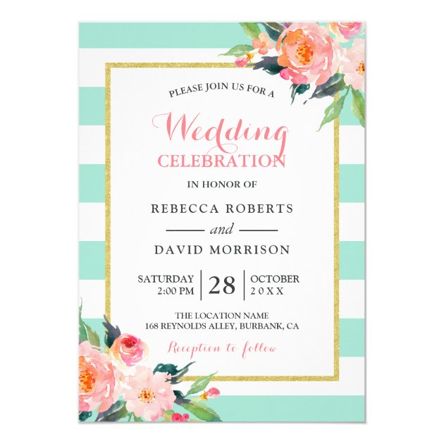 Modern Mint Green Flowers Wedding Celebration Invitation
