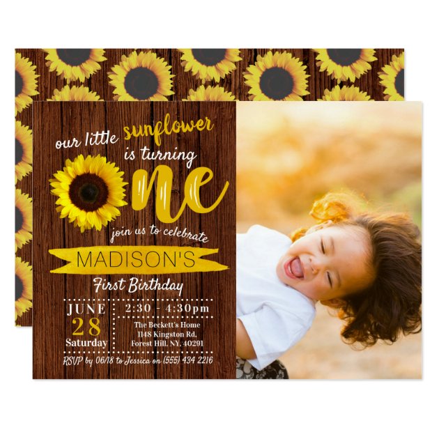 Little Sunflower Rustic Wood 1st Birthday Photo Invitation