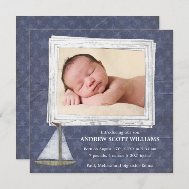 Blue Sailboat Stars Boy Photo Birth Announcement