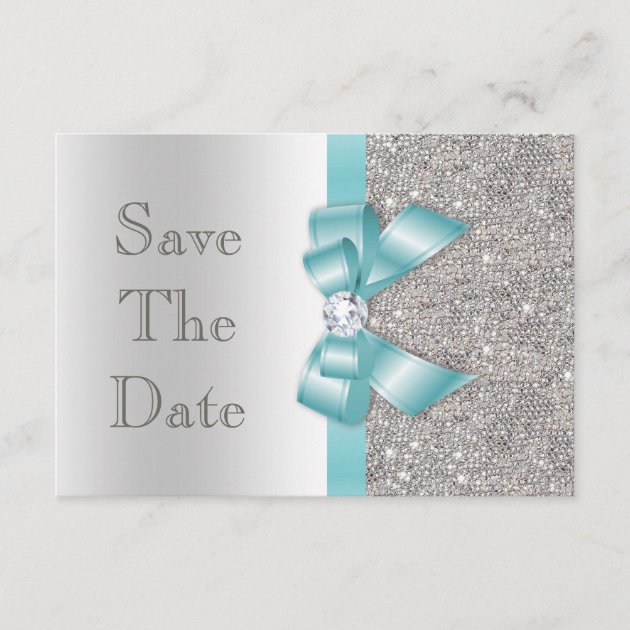 Teal Faux Bow & Diamonds Silver Save The Date